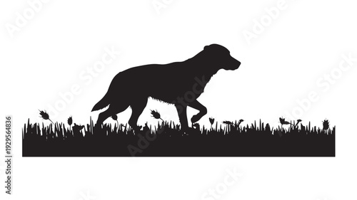 Dog silhouette walking through meadow grass with wildflowers, black cutout side view canine on white background, minimal animal clipart for pet and nature designs