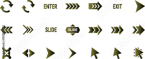 Collection of various green metallic computer navigation and interaction icons such as arrows buttons and cursors on white background