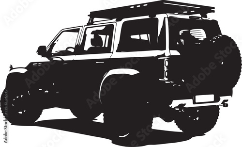 Black and white silhouette of an off-road SUV with roof rack