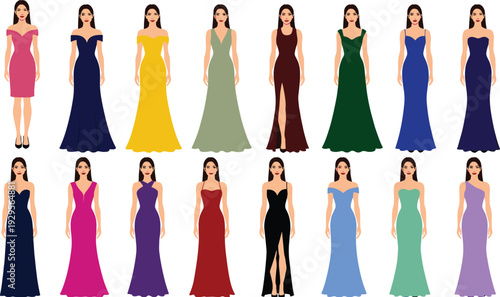 Elegant evening gown collection vector illustration featuring stylish women in long formal dresses isolated on white background, fashion design set