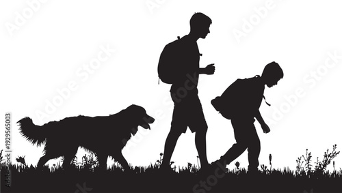 Silhouette hikers walking with backpacks and dog on grassy trail, outdoor trekking adventure scene, family nature walk concept with copy space isolated on white