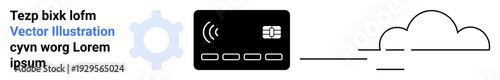 Cashless transactions, financial tech, cloud computing, data transfer, fintech, wireless technology. Banking card with wireless signal beside a gear and cloud. Cashless transactions and financial