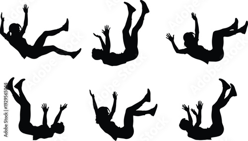 Falling person silhouette set, black vector collection of male and female falling poses, accident, risk, free fall action concept isolated