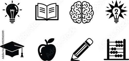Set of Educational Icons Featuring Light Bulb Brain Apple Pencil and Abacus open book