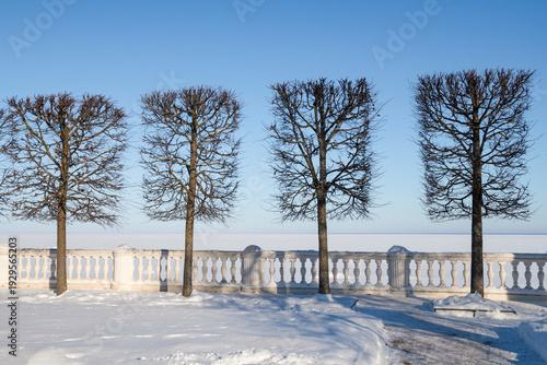 The embankment of the Gulf of Finland at the Monplaisir Palace on a sunny February day. Peterhof 