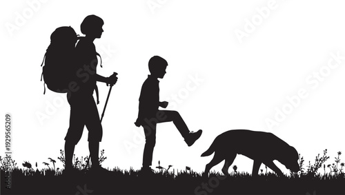Hikers family silhouette walking with backpack and trekking pole, child stepping forward beside dog sniffing ground, outdoor adventure scene isolated on white