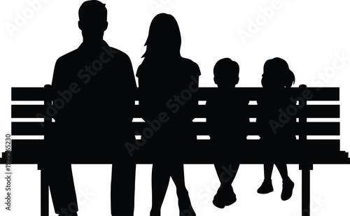 Family silhouette sitting on park bench, parents and children black isolated vector illustration, happy family outdoor concept design