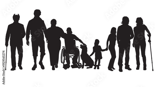 People silhouette group with seniors using walking cane, wheelchair user, children holding hands, and dog on leash, family generations concept isolated on white