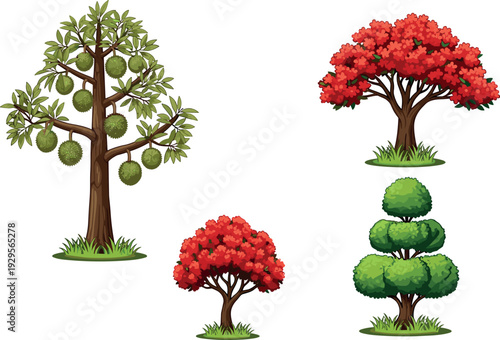 Cartoon tree collection with tropical fruit tree, red flowering trees and decorative topiary shrub, botanical garden plants vector illustration isolated on white background