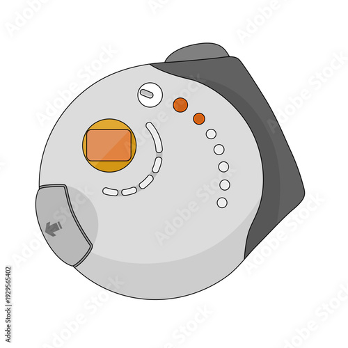 a cartoon image of a audio music player, FM radio with a button on it issolated on white. Technology retro object