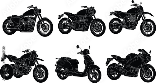 Black silhouette set of various motorcycle types including cruiser cafe racer dual sport scrambler scooter and modern sport bike isolated on white background