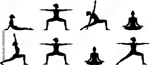 Yoga silhouette collection, woman practicing meditation and warrior poses set isolated, healthy lifestyle fitness concept, flat vector illustration