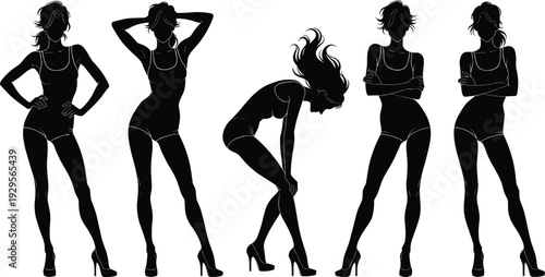 Female body silhouette collection vector illustration featuring elegant woman poses in 