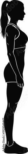 Woman side profile silhouette, female standing figure with ponytail isolated on white background, minimal people design, flat vector illustration