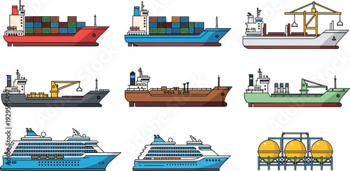 Collection of cargo ships, tanker vessels, container ships, cruise liners and industrial maritime transport icons set, flat vector illustration of global shipping, logistics and ocean transportation 