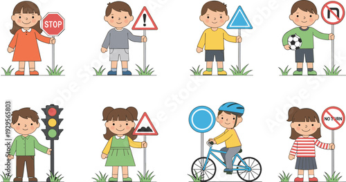 Children holding traffic signs and traffic light, road safety education concept with bicycle and warning symbols illustration