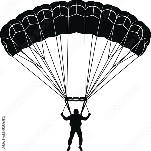 Black silhouette of a skydiver descending with an open rectangular parachute captured from a front view isolated on a white background