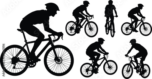 Collection of professional cyclist silhouettes riding road and mountain bikes in various poses isolated on white background for triathlon and cycling sports design.