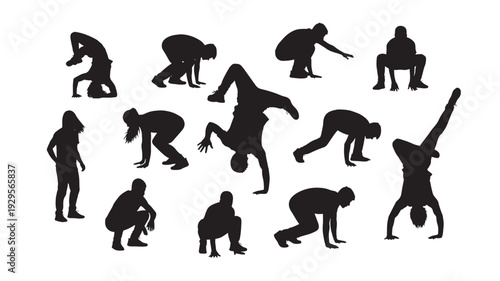 Dancers silhouettes set with various dance moves and poses isolated on white background for graphic design use featuring b-boying, breaking, hip hop with rhythm and movement elements for action,