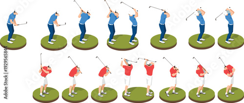 Golf swing sequence vector illustration set featuring male golfer backswing downswing follow through phases isolated on white background