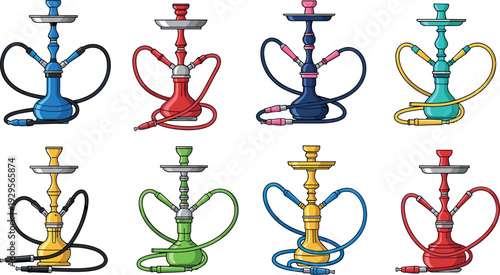Colorful hookah shisha waterpipe collection with various modern designs and hoses, traditional smoking device vector illustration set isolated on white background