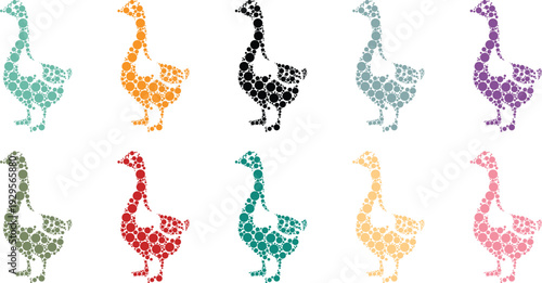 Goose silhouettes created from varied colorful circles, Stylized goose bird silhouettes made using abstract dot pattern