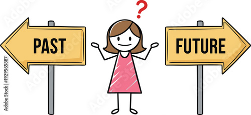 Confused woman choosing between past and future, direction signs concept of decision making and life choices, illustration personal growth journey