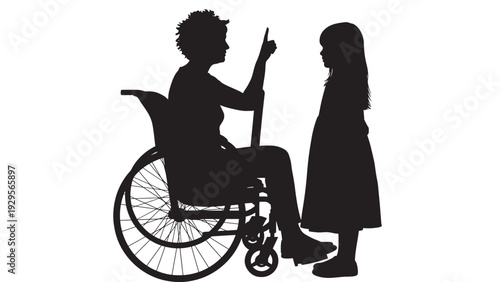 Silhouette wheelchair user pointing finger while speaking to standing child, disability awareness concept with family communication, guidance, discipline, and support