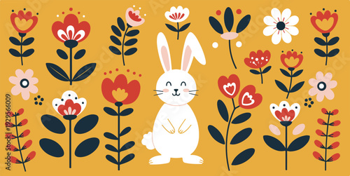 Colorful illustration of a rabbit surrounded by flowers and leaves on a red background