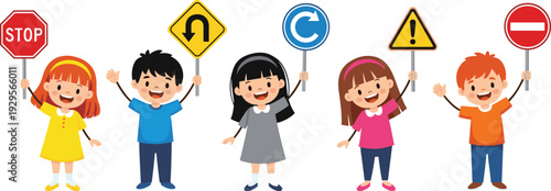 Happy children holding traffic signs, road safety education concept with stop, warning, no entry and direction symbols illustration