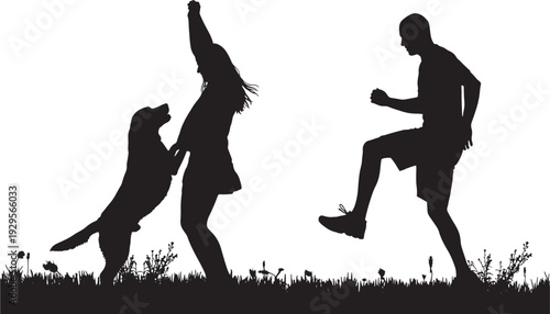 Silhouettes of family playing with dog on grassy field, playful outdoor scene with jumping pet, child and adult figures, high contrast isolated on white background