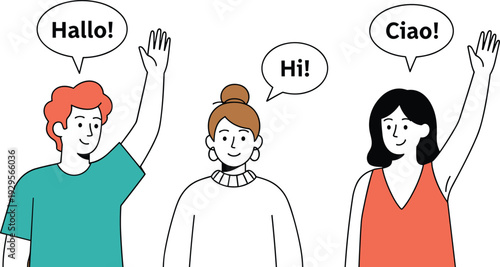 People greeting in different languages saying Hallo, Hi and Ciao, multicultural communication concept flat illustration design