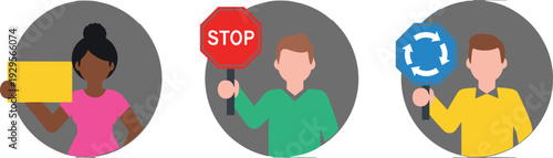 People holding blank, stop and roundabout traffic signs, road safety and direction concept flat illustration icons