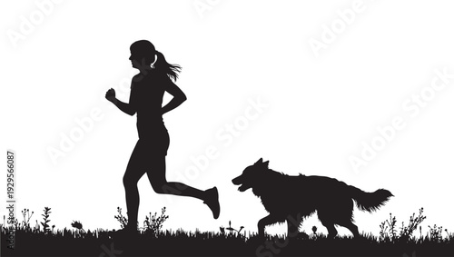 Runner silhouette jogging with dog on grassy ground, outdoor fitness exercise scene isolated on white background, active lifestyle concept with nature plants border