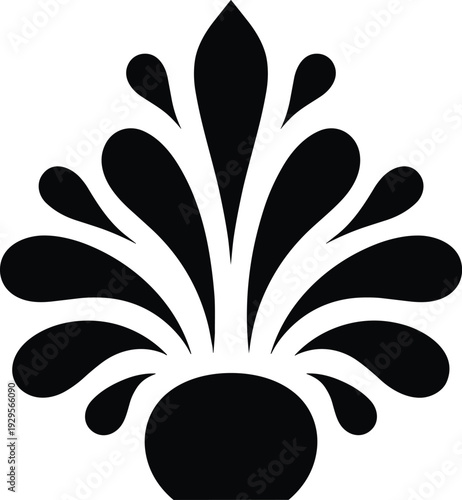 Elegant Black Silhouette of a Stylized Floral Palmette Ornament with Symmetrical Water Splash Petals for Decorative Laser Cutting, Wallpaper Design, and Luxury Branding.