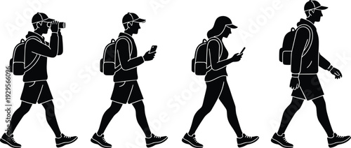 Hiker silhouettes with backpack set, walking tourists using smartphone and binoculars, outdoor trekking people collection, travel adventure vector illustration