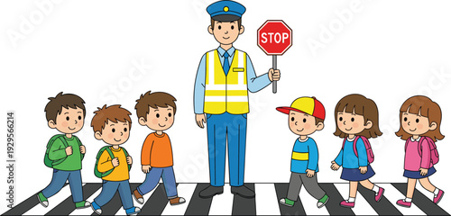 Traffic police officer helping school children cross street safely at zebra crossing, road safety education and pedestrian protection concept