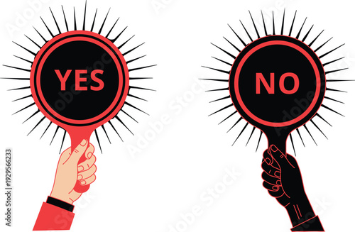 Yes and No decision signs in hands, approval and rejection concept illustration for voting, choice, feedback, and evaluation