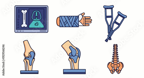 Orthopedic and traumatology medical icons set with x-ray bone cast and crutches vector illustration