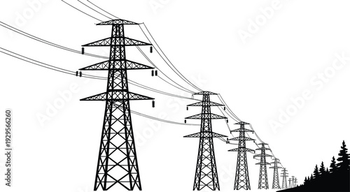 High voltage transmission towers with overhead power lines, electricity pylons receding into distance, energy grid infrastructure landscape silhouette vector illustration