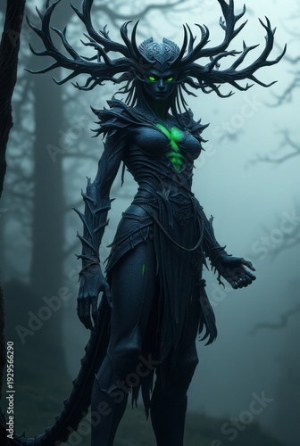 Dark nature spirit warrior with branching crown and green heart