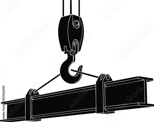Industrial crane hook lifting steel beam, overhead hoist with I beam clamp, construction rigging equipment silhouette vector illustration