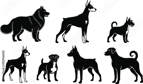 Collection of black dog breed silhouettes featuring Doberman Pinscher Rottweiler and Terrier breeds standing in alert profile poses isolated on a white background