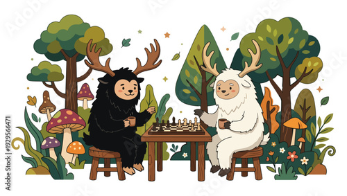 Whimsical Forest Chess Scene Vector Illustration on PNG Background, forest chess vector, whimsical creatures vector, antler creatures icon, fantasy forest illustration, woodland creatures vector, 