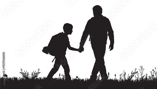 People walking together silhouette with grass and flowers, holding hands and walking forward featuring silhouettes, outdoors, nature with bonding and love elements for care, protection projects,