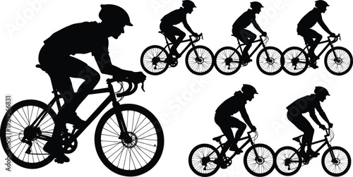 Set of black silhouettes of professional road cyclists and mountain bikers in various racing positions isolated on a white background for graphic design elements