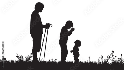 Family silhouette with parent holding hiking poles and two children standing on grassy meadow, outdoor bonding scene, minimal black cutout on white background