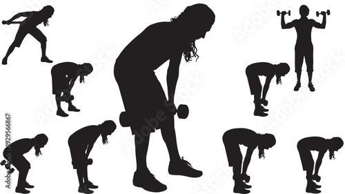 Woman fitness workout silhouettes set with dumbbell exercises, bending and lifting poses, strength training routine, gym training icons isolated on white background