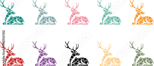 Resting deer silhouettes formed with colorful dot pattern, Calm deer animal silhouettes created using abstract circle design