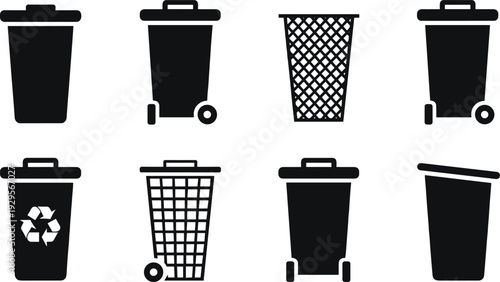 Set of black trash can icons including recycle bins, waste baskets, wheelie bins, and garbage containers isolated on a white background for graphic design.